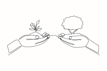 Continuous one line drawing two hands holding together a green young plant. Single one line hand holding tree. Forest conservation concept design vector graphic illustration