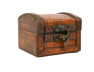 A box in the form of an old chest, upholstered in leather and with a massive iron latch