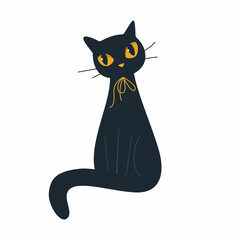  A black cat with yellow glowing eyes sits and looks at you. The concept of the supernatural. Isolated white background.