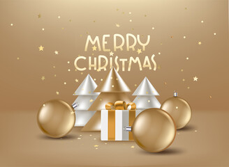 Aufkleber - Christmas banner with pines and gift boxes on lettering inscription. 3d style vector illustration