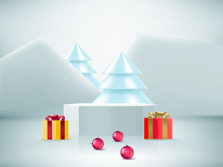 Wall Mural - Christmas showcase with soft light and christmas elements. Realistic showcase. 3d style vector illustration