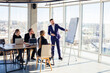 © DSMT - Business people working together in a modern office with cityscape view. The director tells the staff about new technologies. Office work concept