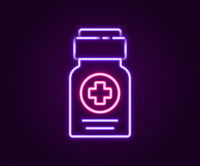 Sticker - Glowing neon line Medicine bottle icon isolated on black background. Bottle pill sign. Pharmacy design. Colorful outline concept. Vector