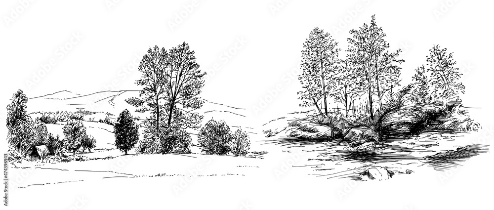 Rural landskape, forest and meadow. Hand drawn set.