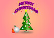 Świąteczna bożonarodzeniowa choinka przystrojona kolorowymi bombkami, z umieszczoną na szczycie gwiazdą i napisem 