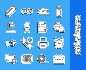 Sticker - Set line Briefcase, Alarm clock, World map made from speech bubble, Office stapler, chair, Table lamp, Paper clip and Document and check mark icon. Vector