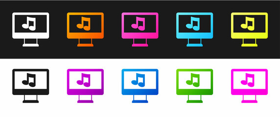 Poster - Set Computer with music note symbol on screen icon isolated on black and white background. Vector