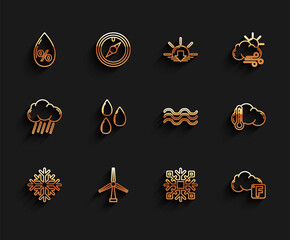 Sticker - Set line Snowflake, Wind turbine, Water drop percentage, Fahrenheit and cloud, Thermometer and Waves icon. Vector