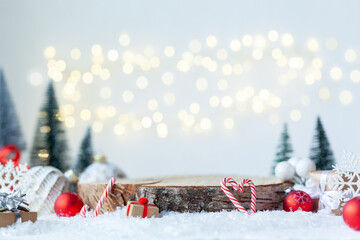 Christmas holiday mockup with wooden empty platform. Place for christmas product presentation