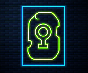 Glowing neon line Magic rune icon isolated on brick wall background. Rune stone. Vector