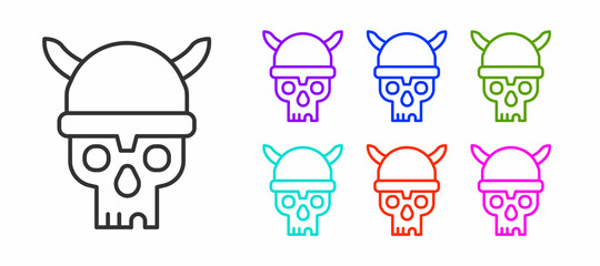 Poster - Black line Skull with viking helmet icon isolated on white background. Happy Halloween party. Set icons colorful. Vector