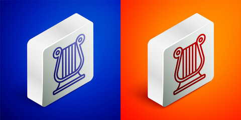 Canvas Print - Isometric line Ancient Greek lyre icon isolated on blue and orange background. Classical music instrument, orhestra string acoustic element. Silver square button. Vector