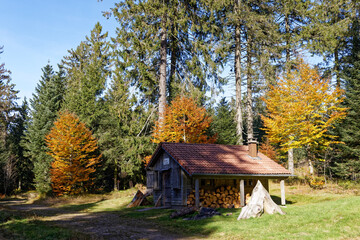 Poster - chalet des Vosges en automne