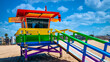 Multi color, LGBT Rainbow Flag Lifeguard Hut on Hermosa Beach, California