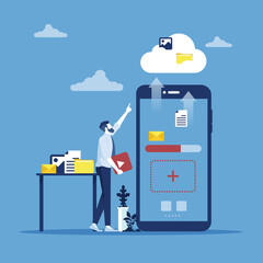 Cloud computing business technology concept with businessman uploading file from smartphone to cloud