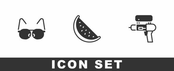 Sticker - Set Glasses, Watermelon and gun icon. Vector