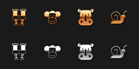 Poster - Set Binoculars, Monkey, Rhinoceros and Snail icon. Vector