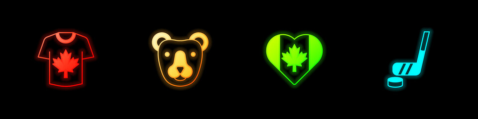 Poster - Set Hockey jersey, Bear head, Heart shaped Canada flag and Ice hockey stick and puck icon. Vector