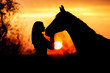 Silhouette of a girl with horse at the sunset light