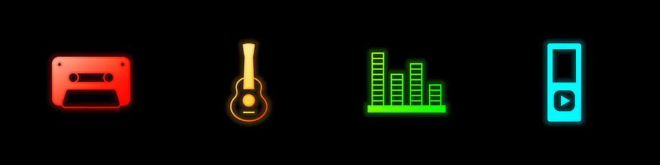 Sticker - Set Retro audio cassette tape, Guitar, Music equalizer and player icon. Vector