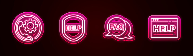 Poster - Set line Telephone 24 hours support, Shield with text Help, Speech bubble FAQ and Browser help. Glowing neon icon. Vector
