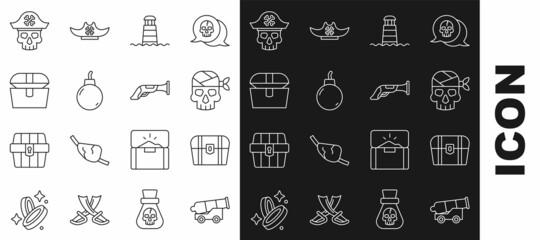 Sticker - Set line Cannon, Antique treasure chest, Pirate captain, Lighthouse, Bomb ready to explode, and Vintage pistol icon. Vector