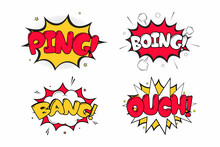 Ping Boing Comic Blast With White, Red, And Yellow Colors. Ouch Bang Comic Explosion With Yellow, White, And Red Colors. Comic Burst With Colorful Clouds. Text Bubbles For Cartoon Speeches.
