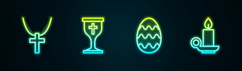 Sticker - Set line Christian cross on chain, chalice, Easter egg and Burning candle candlestick. Glowing neon icon. Vector