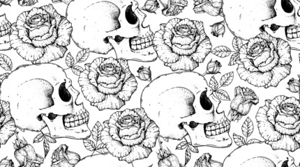 Wall Mural - Human Skull and roses seamless pattern. Hand drawn vector illustration. Fabric design template. Skull background. Black and white.