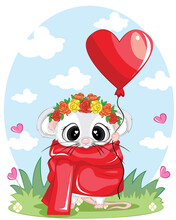 Cute Mouse With Heart Shape Balloon In Paw. Valentines Day Card With Cute Mouse With Heart Balloon