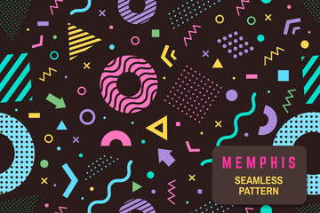 Memphis seamless pattern. Vector. Different halftone geometric shape and colorful geometric shapes seamless pattern.