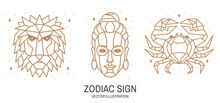 Set Of Zodiac Astrology Horoscope Sign Leo, Virgo, Cancer Linear Design. Vector Illustration. Elegant Line Art Symbol Or Icon Of Leo, Virgo, Cancer Esoteric Zodiacal Horoscope Templates For Logo Or
