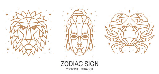 Set of zodiac astrology horoscope sign leo, virgo, cancer linear design. Vector illustration. Elegant line art symbol or icon of leo, virgo, cancer esoteric zodiacal horoscope templates for logo or