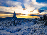 Fototapeta Na ścianę - Scenic snowy landscape with a view from a mounatin range to the valley, snow, sky,clouds,sky,sunlight.Spruce trees with rime, scenic landscape. Jeseniky.Czech republic. .