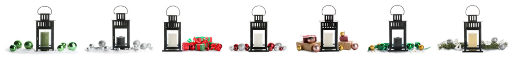 Beautiful Christmas lantern with burning candle, fir branch and pine cones on white background