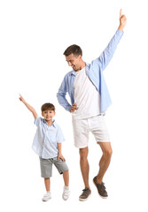 Sticker - Dancing man and his little son on white background