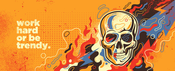 Graffiti style colorful background design with human skull and splashes. Vector illustration.