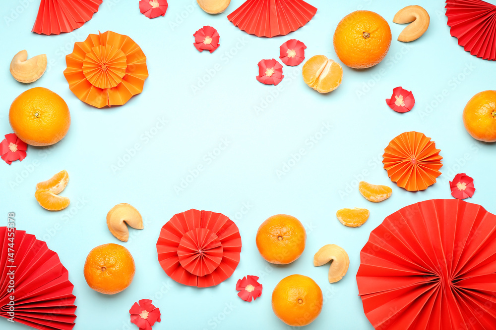 Frame made of Chinese symbols on color background