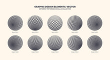 Assorted Various Vector 3D Balls In Different Positions With Square And Hexagon Halftone Pattern Set Isolated On White Background. Graphic Black White Variety 3D Spheres Design Elements Collection