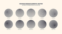 Assorted Various Vector 3D Balls In Different Positions With Star And Triangle Halftone Pattern Set Isolated On White Background. Graphic Black White Variety 3D Spheres Design Elements Collection