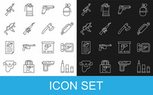 Set Line Bullet, Hunting Shop Weapon, Trap Hunting, Pistol Or Gun, M16A1 Rifle, MP9I Submachine, Tommy And Wooden Axe Icon. Vector