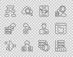Poster - Set line Filter setting, Server, Data, Web Hosting, Cloud technology data transfer, Hierarchy organogram chart, Network cloud connection and Browser files icon. Vector