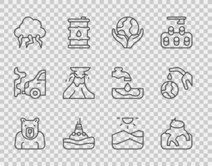 Set line Polar bear head, Deforestation, Hand holding Earth globe, Floating buoy the sea, Storm, Volcano eruption with lava, Drought and Gas pump nozzle icon. Vector