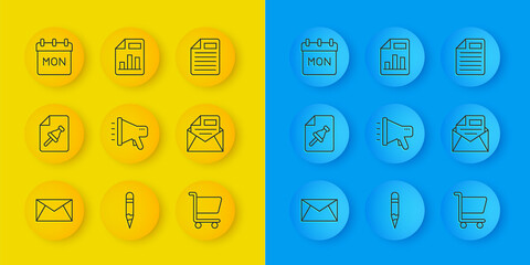Poster - Set line Mail and e-mail, Note paper with push button, Megaphone, Shopping cart, Calendar, File document and Document graph chart icon. Vector