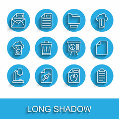 Poster - Set line Table lamp, Note paper with push button, Mail and e-mail, Document graph chart, To do list or planning, Trash can, File document and Board icon. Vector