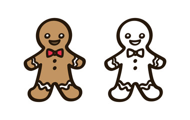 Wall Mural - Gingerbread man with bow tie doodle colored and outline clipart set