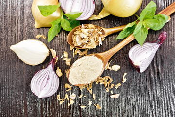 Poster - Onion powder and flakes in spoons on wooden board top