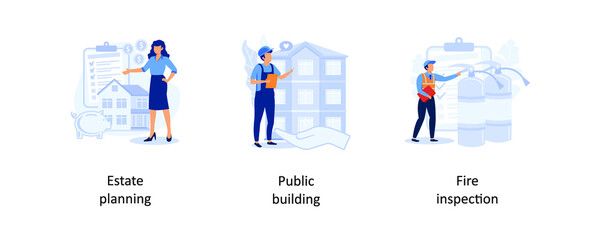 Poster - estate planning, public building, fire inspection. building maintenance abstract concept vector illu