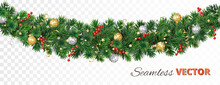Seamless Christmas Tree Garland Isolated On White. Realistic Pine Tree Branches With Red Holly Berry, Gold And Silver Ornaments.Vector Border Decoration For Holiday Banners, Posters, Cards, Promotions