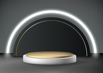 Poster - Realistic platform background. 3D product stand. Abstract scene with empty podium mockup for goods display. Exhibition geometric base and spotlight. Vector minimalistic studio backdrop